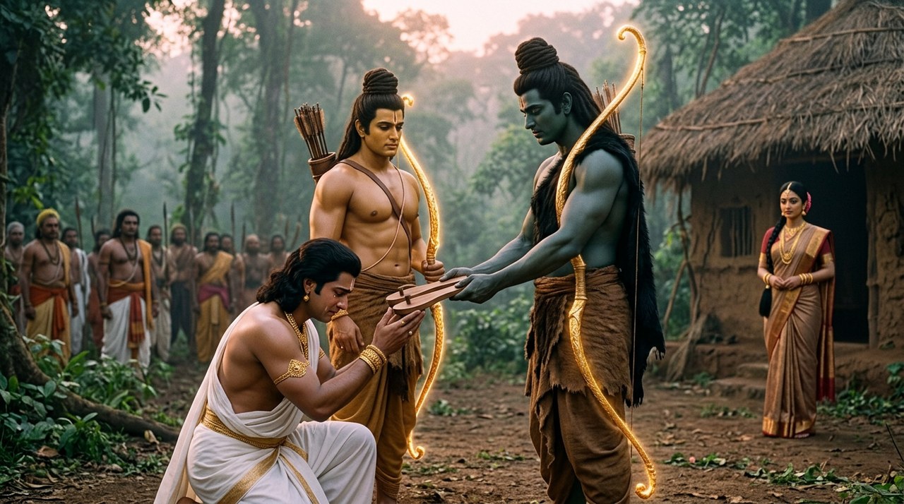 Bharata receiving Rama's wooden sandals at Chitrakuta