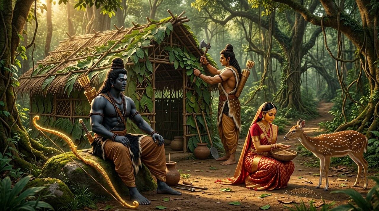 The leaf hut at Panchavati with Rama, Sita feeding deer and Lakshmana building