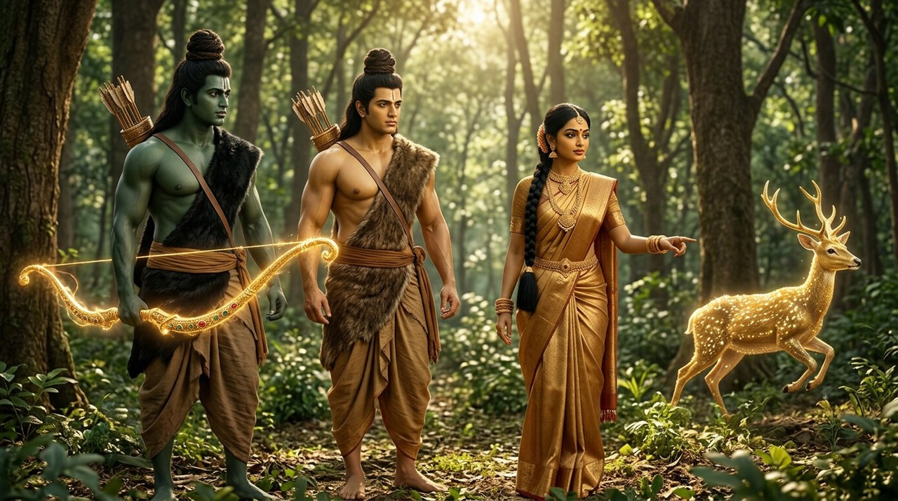 The illusory golden deer in the forest glade as Sita points and Rama takes up his bow