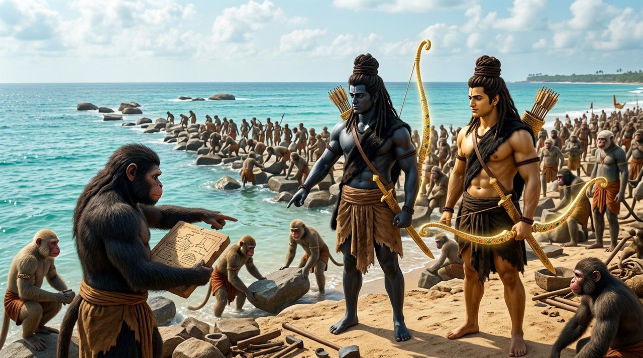 The vanara army building the bridge of floating stones across the ocean