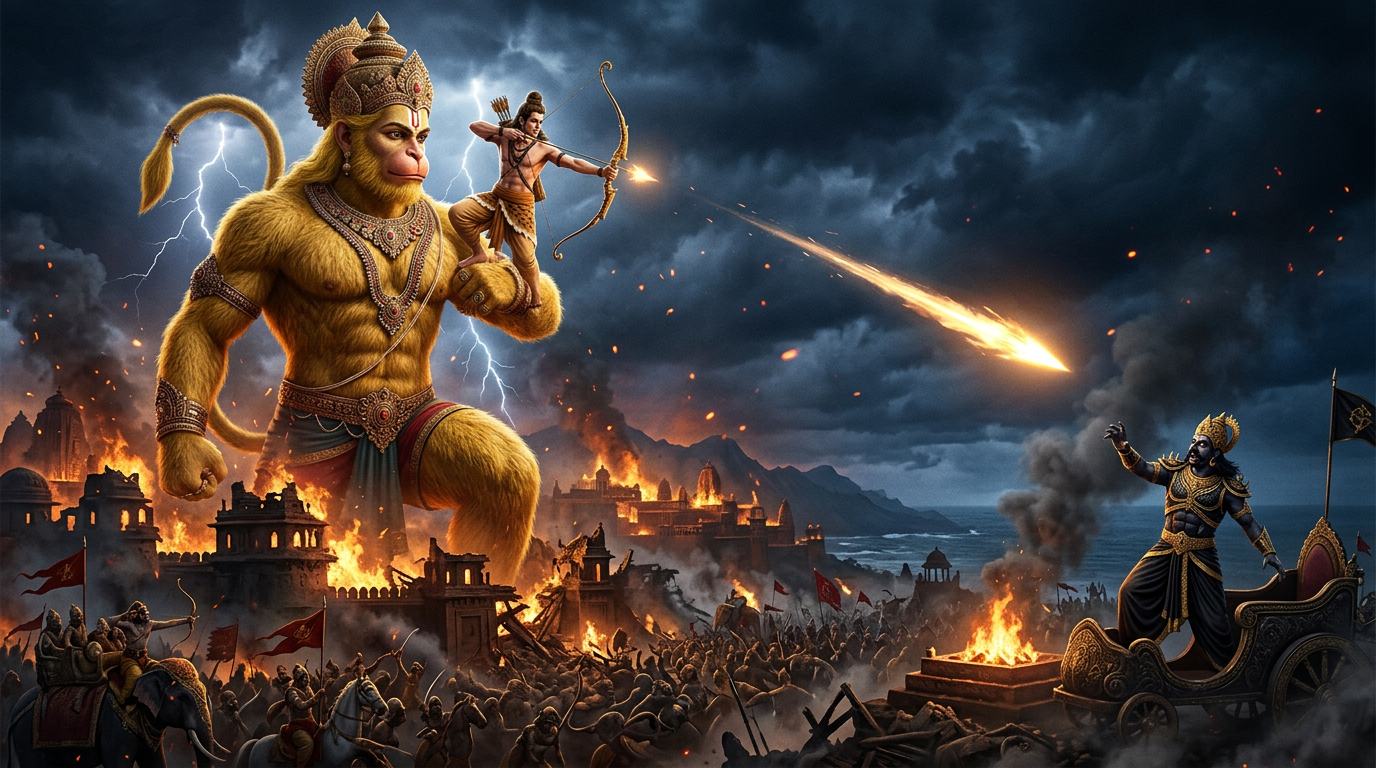 Lakshmana on Hanuman's shoulders loosing the arrow of Indra at Indrajit at Nikumbhila