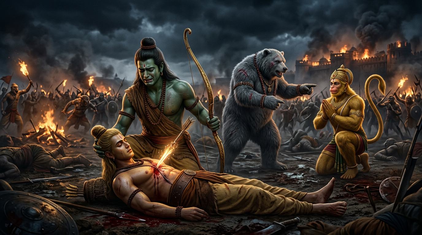 Lakshmana lying unconscious with a glowing divine javelin in his chest as Rama grieves and Jambavan sends Hanuman for the herbs