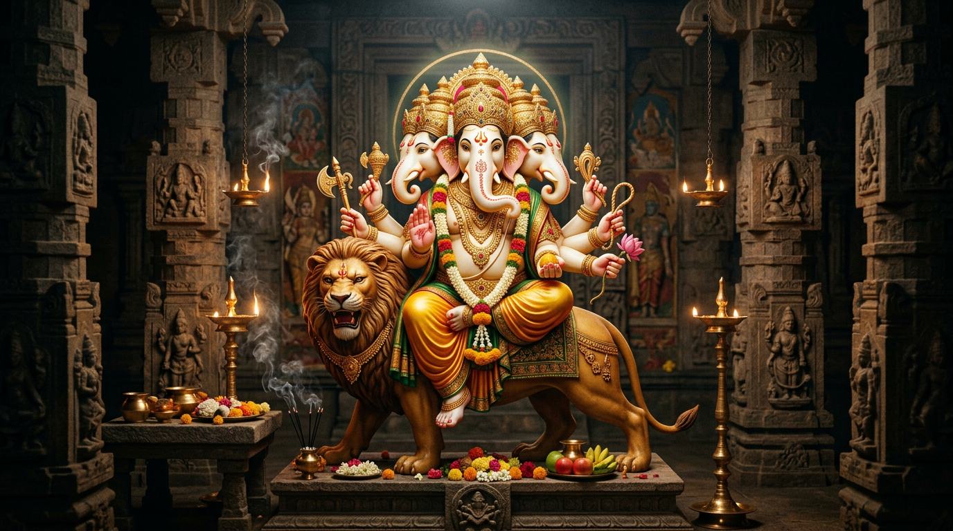 Heramba Gaṇapati (Gaṇanātha Gaṇapati) — paired with Maa Kālī
