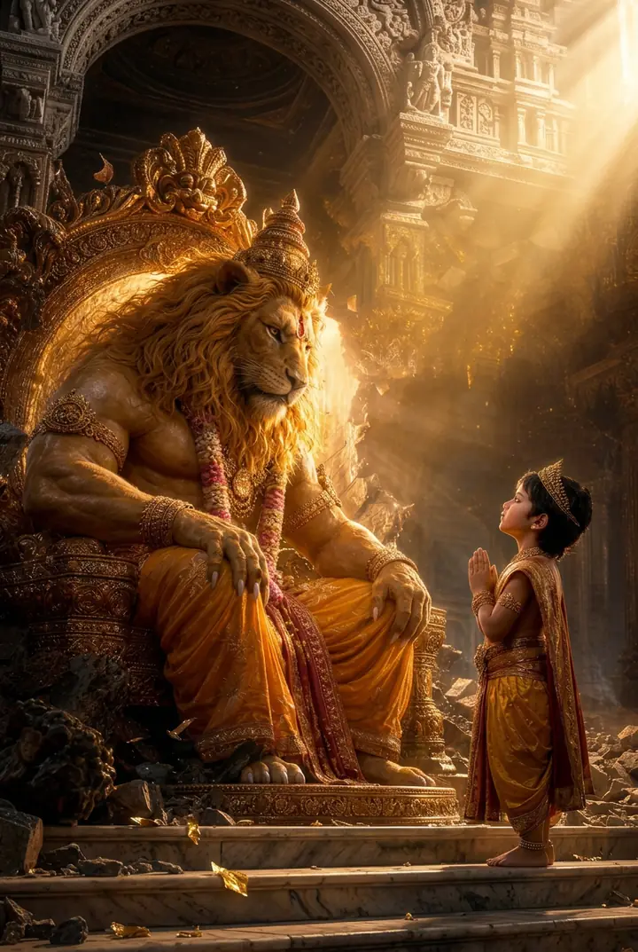 Lord Narasimha enthroned with the young devotee Prahlada in prayer
