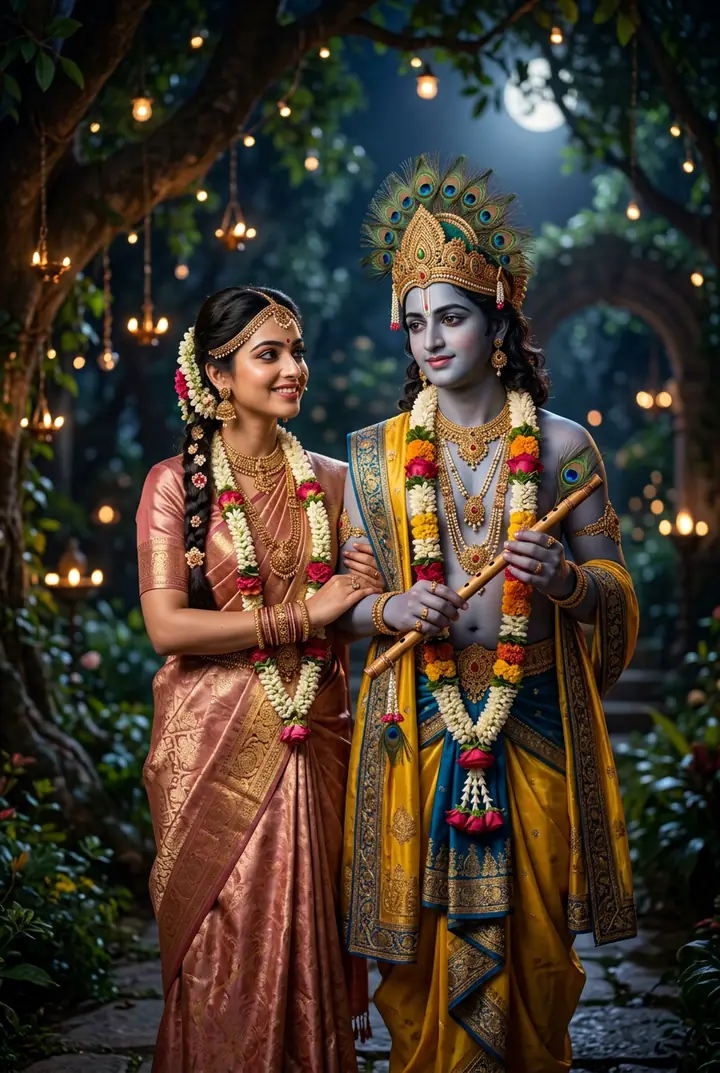 Hyper-realistic devotional portrait of Radha and Krishna