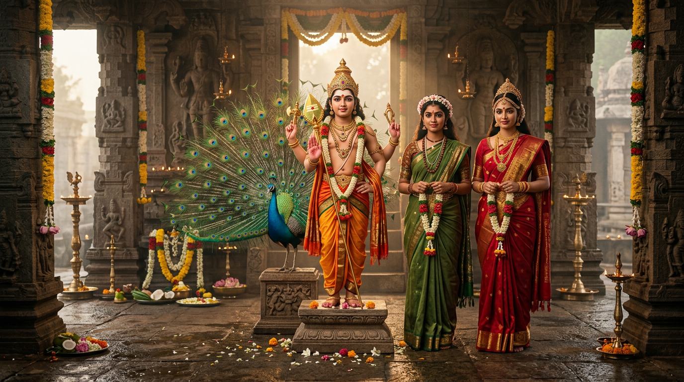 Vallī-Devasenā Sameta Subrahmaṇya — Lord with His Two Śaktis