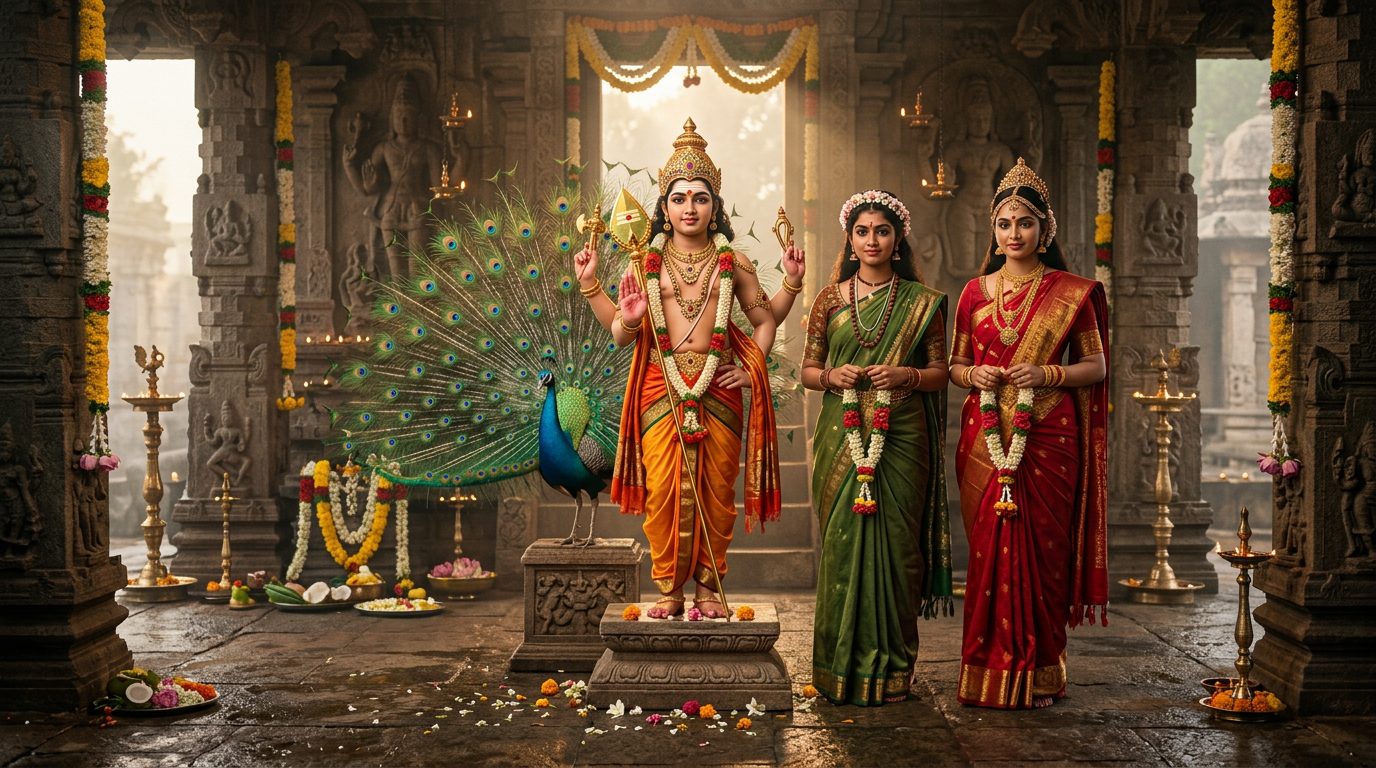 Vallī-Devasenā Sameta Subrahmaṇya — Lord with His Two Śaktis